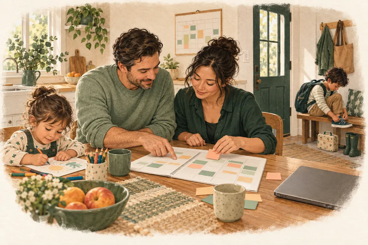 Parents planning their week together as their children get ready at home.